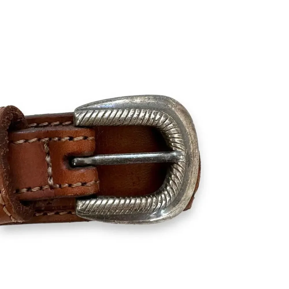 Unisex Western Belt Sz S/M 3D Brown Leather Silver Buckle Braided Details
